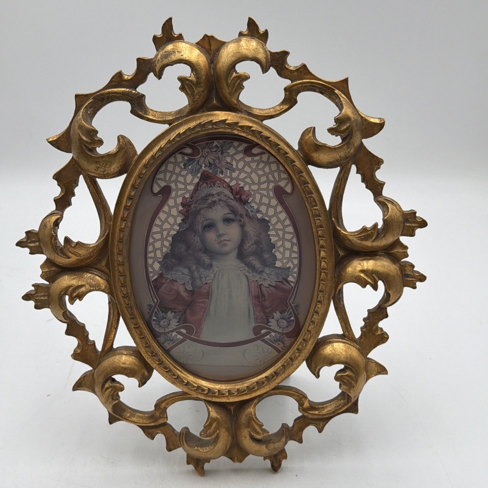 Vintage Victorian Wood W/ Ornate Gold Oval Frame 12" Victorian Girl